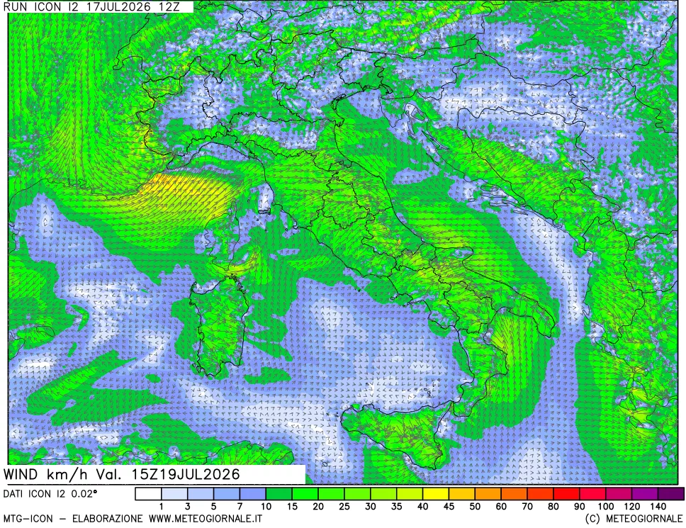 mappa 10 m Vento forza e direzione