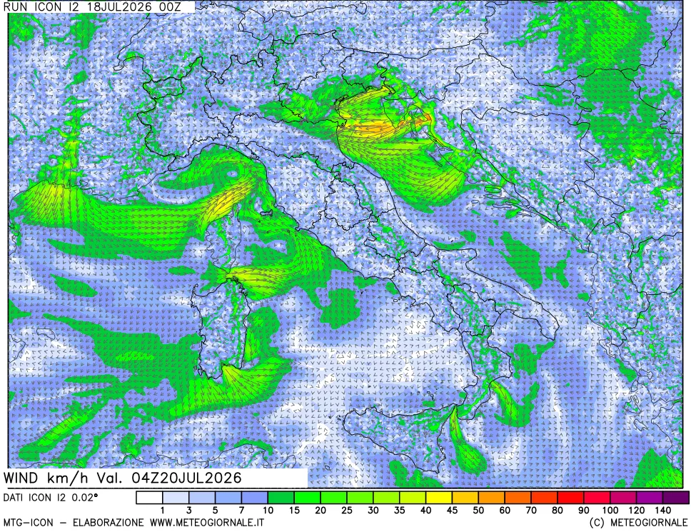 mappa 10 m Vento forza e direzione