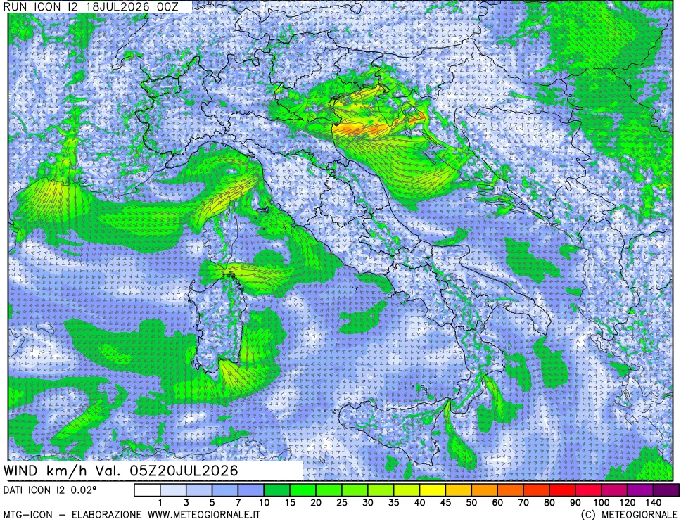 mappa 10 m Vento forza e direzione