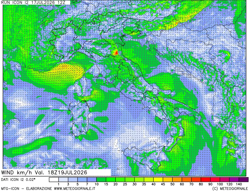 mappa 10 m Vento forza e direzione