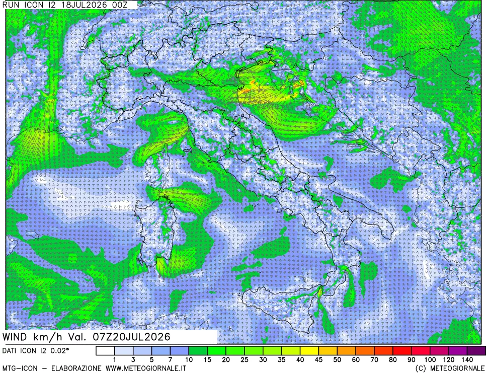 mappa 10 m Vento forza e direzione