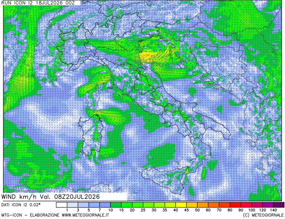 mappa 10 m Vento forza e direzione