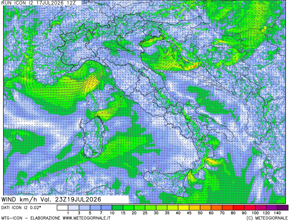 mappa 10 m Vento forza e direzione