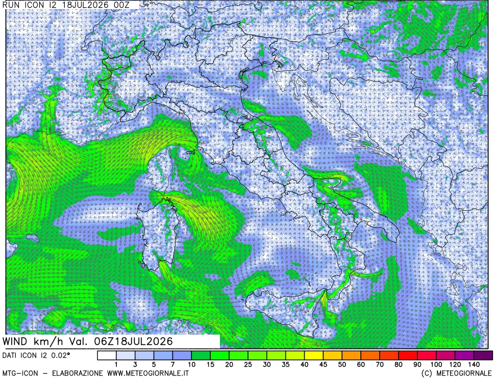 mappa 10 m Vento forza e direzione