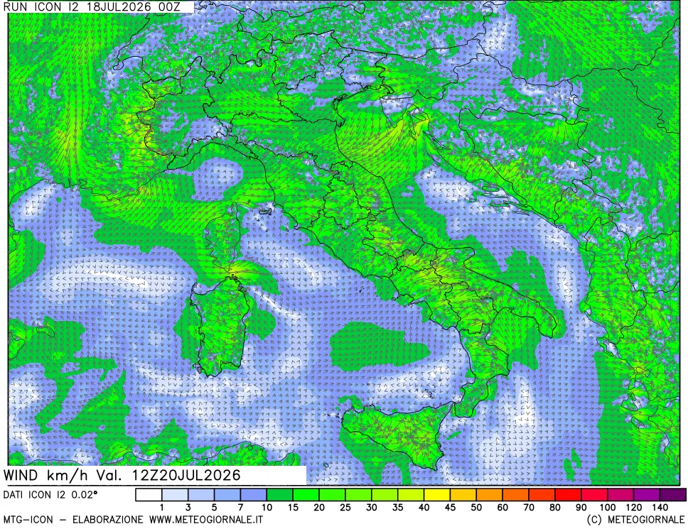 mappa 10 m Vento forza e direzione