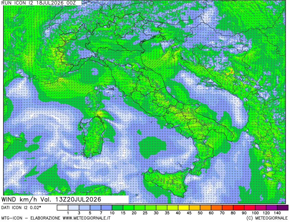 mappa 10 m Vento forza e direzione
