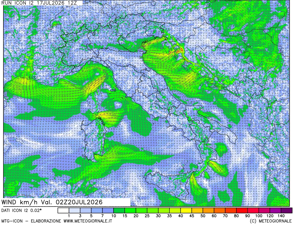 mappa 10 m Vento forza e direzione