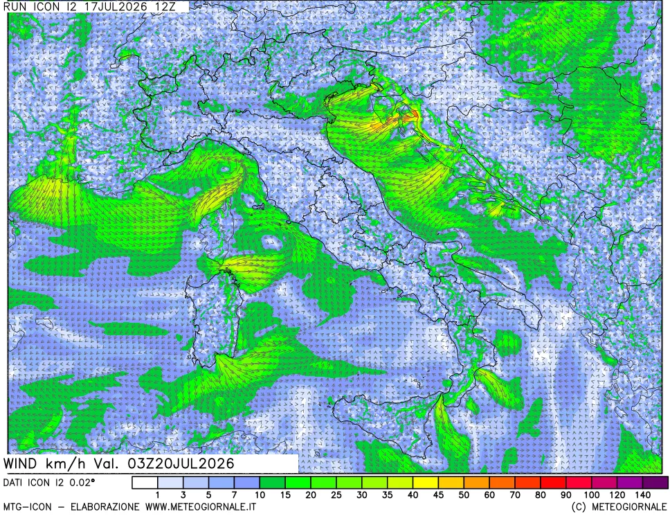 mappa 10 m Vento forza e direzione