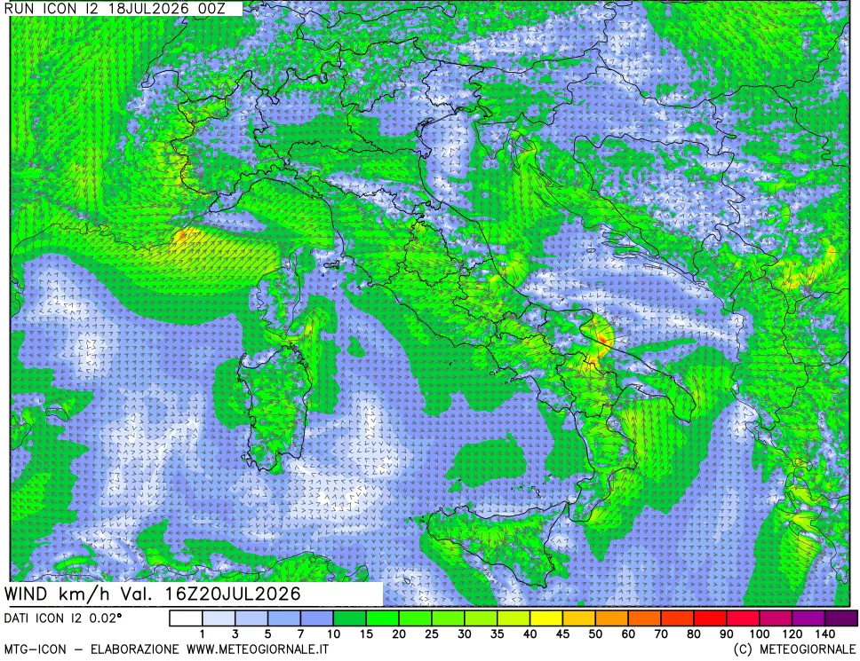 mappa 10 m Vento forza e direzione