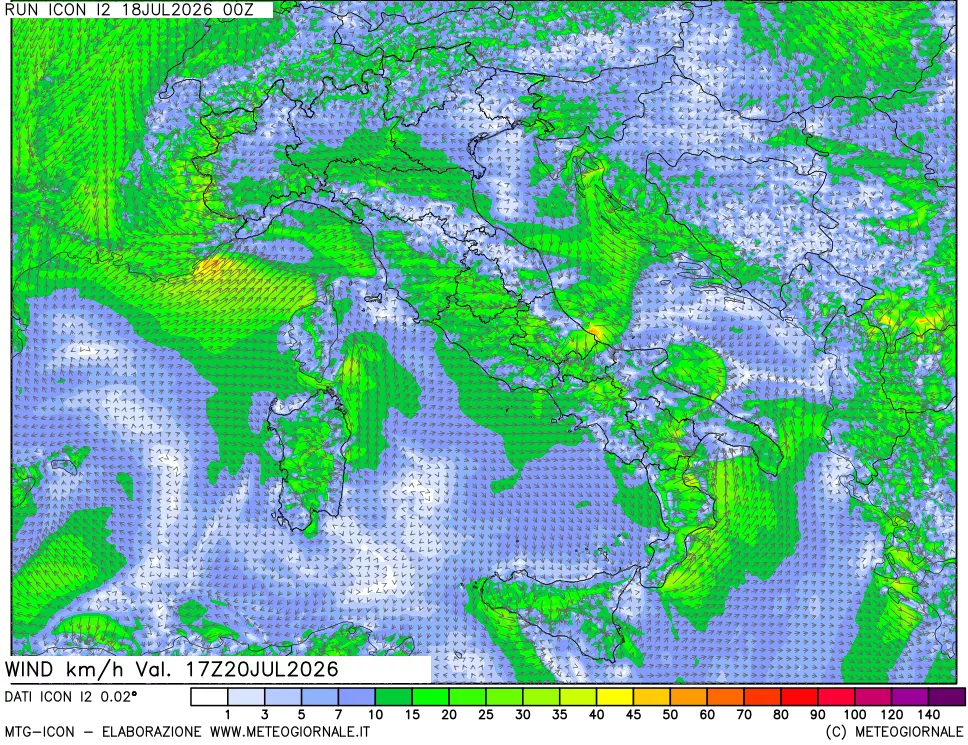 mappa 10 m Vento forza e direzione