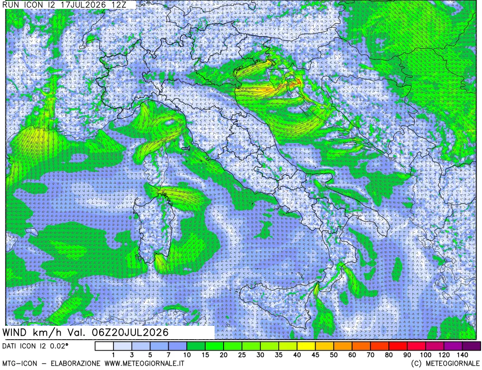 mappa 10 m Vento forza e direzione