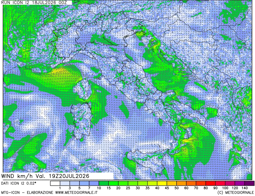 mappa 10 m Vento forza e direzione