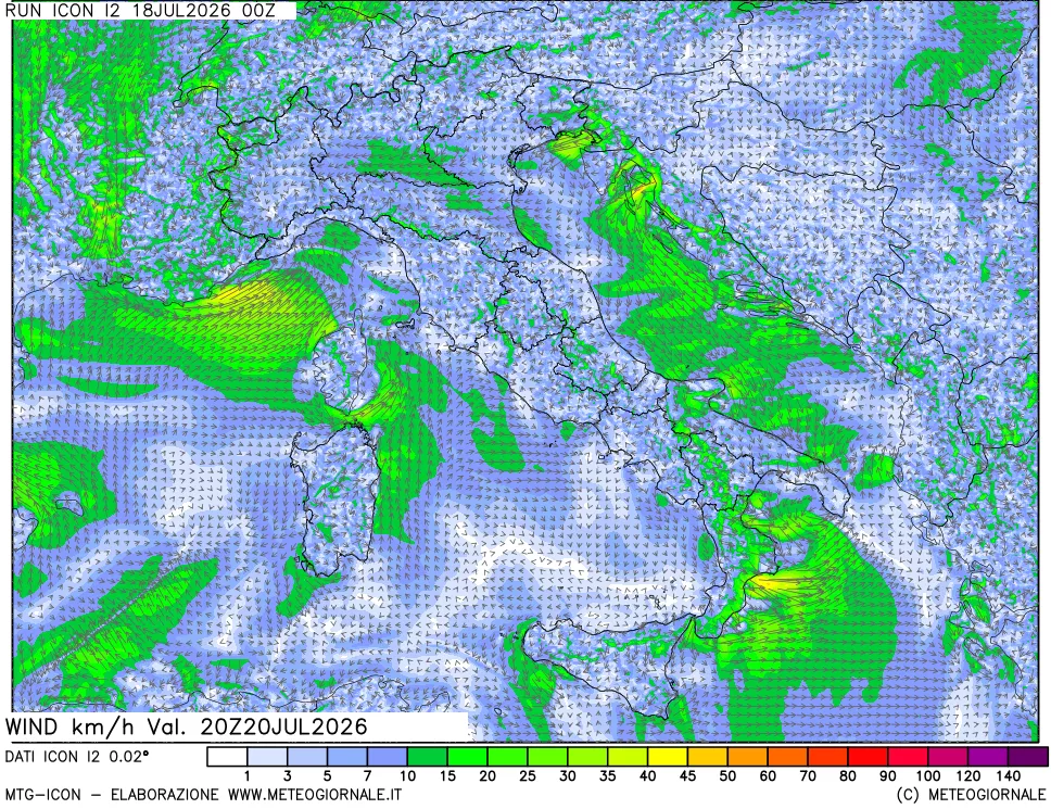 mappa 10 m Vento forza e direzione