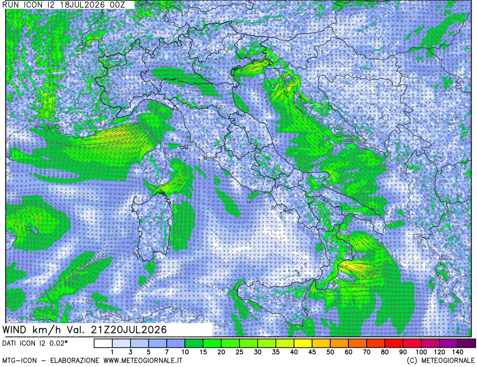 mappa 10 m Vento forza e direzione