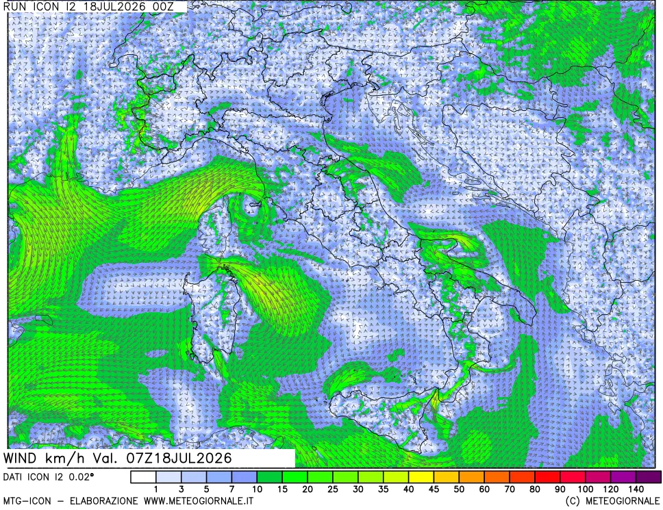 mappa 10 m Vento forza e direzione