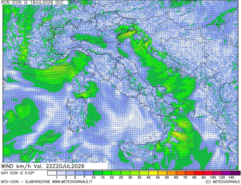 mappa 10 m Vento forza e direzione