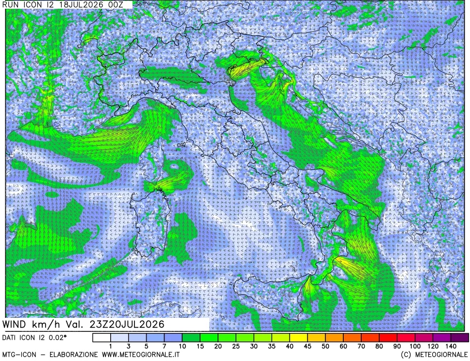 mappa 10 m Vento forza e direzione