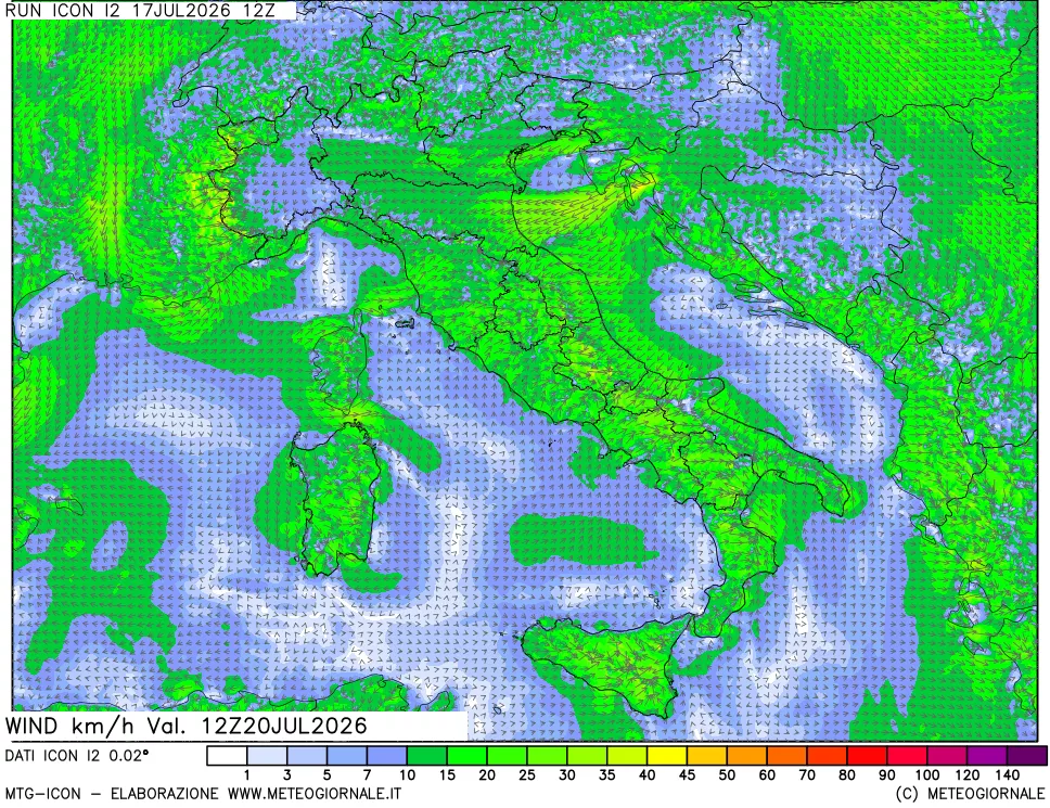 mappa 10 m Vento forza e direzione