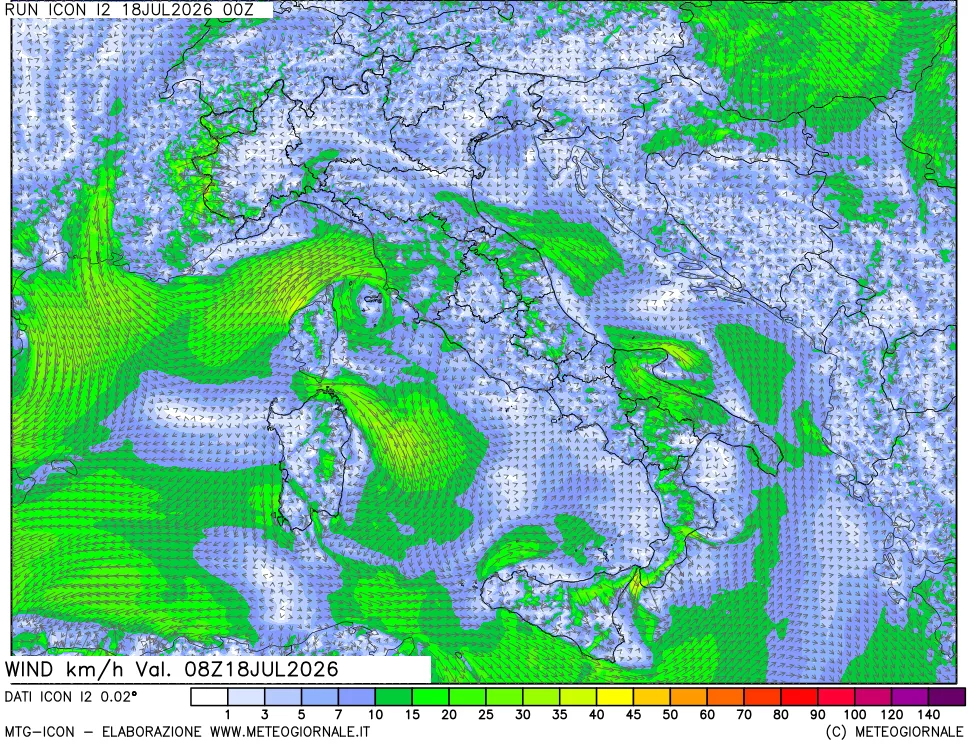 mappa 10 m Vento forza e direzione
