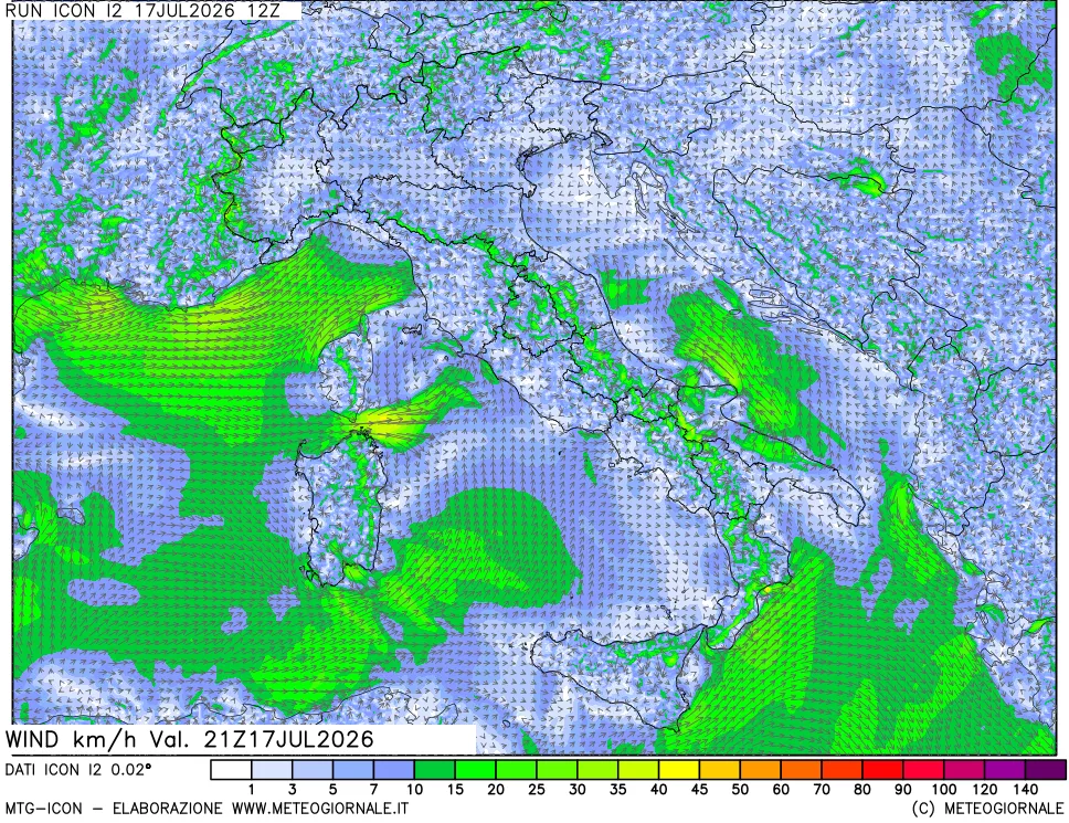 mappa 10 m Vento forza e direzione