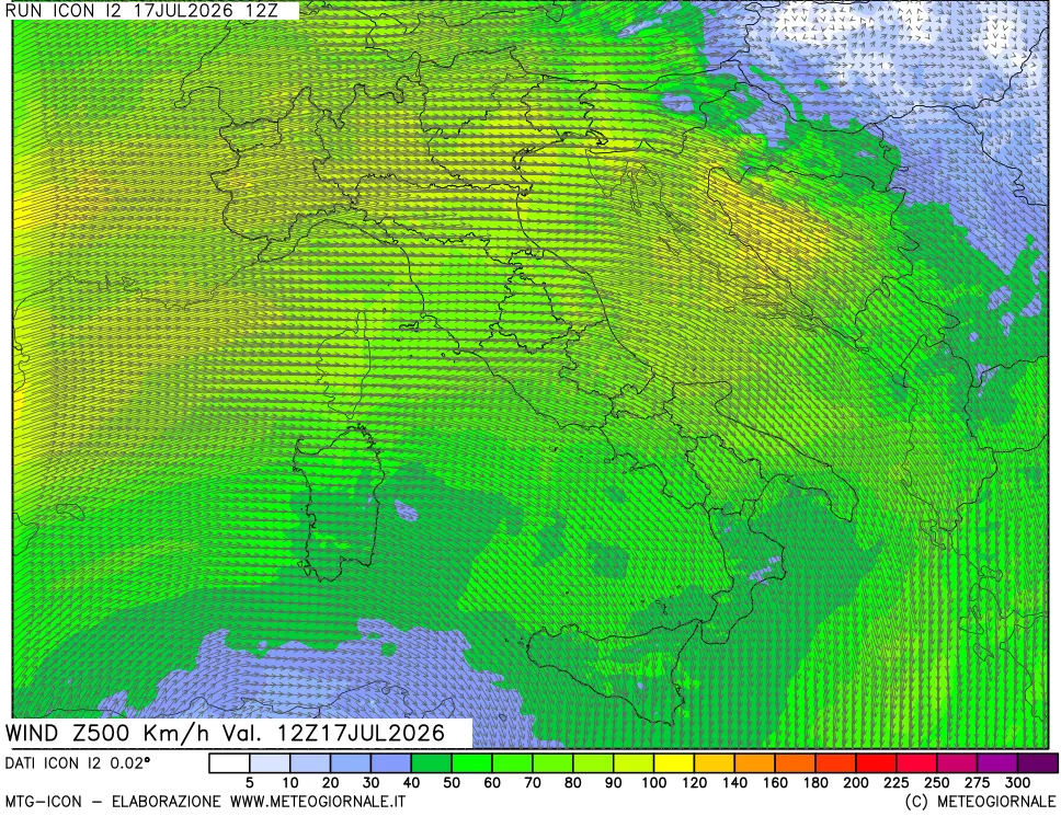 mappa 500 hPa Vento forza e direzione