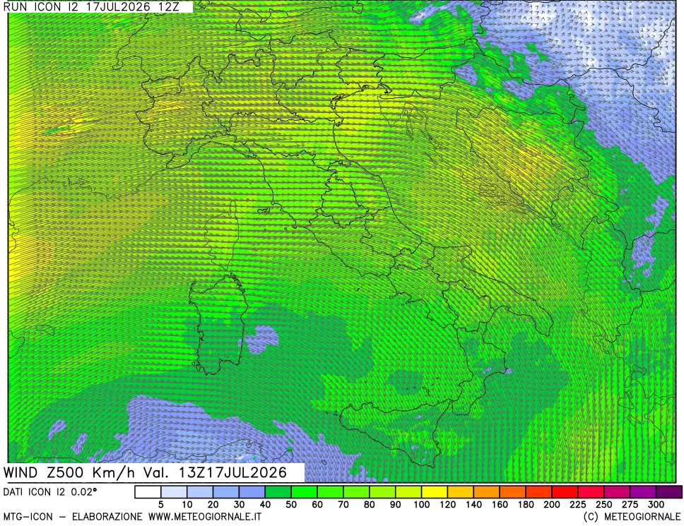 mappa 500 hPa Vento forza e direzione