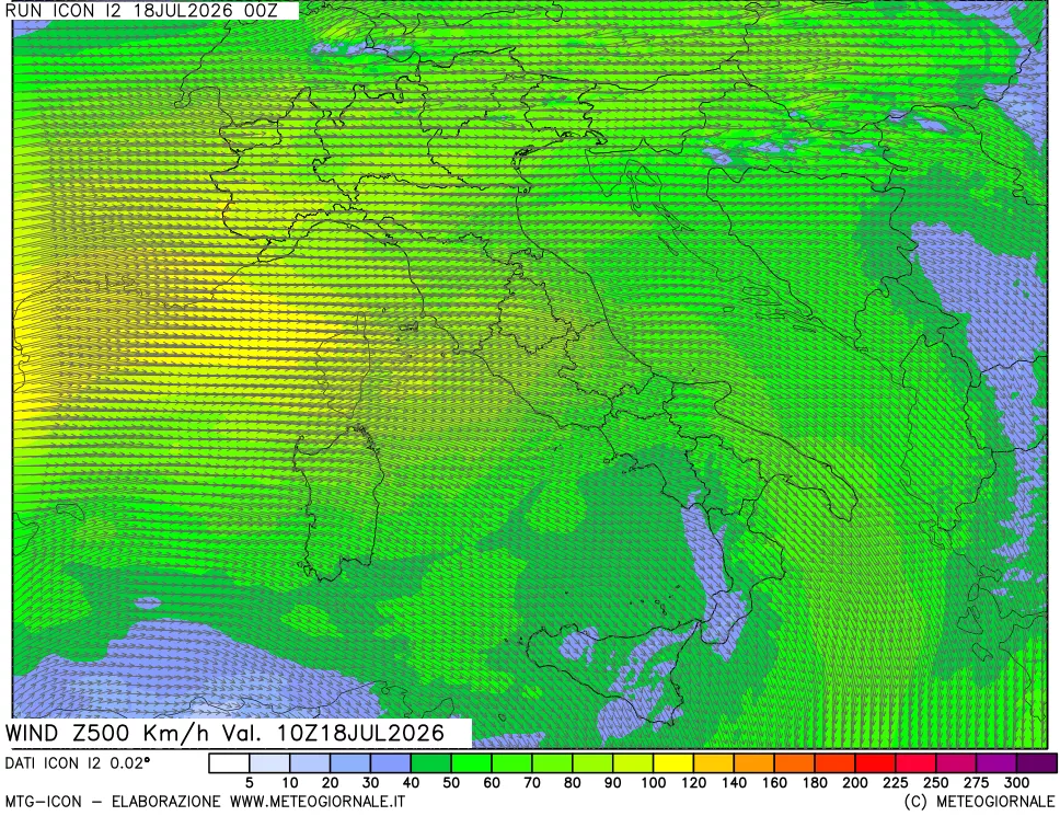 mappa 500 hPa Vento forza e direzione