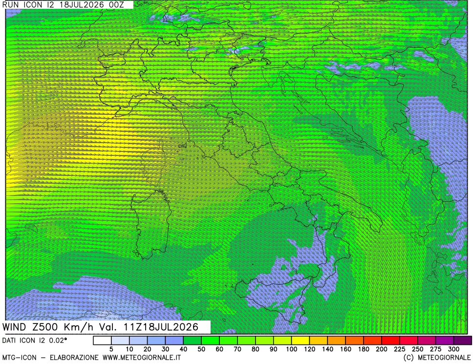 mappa 500 hPa Vento forza e direzione