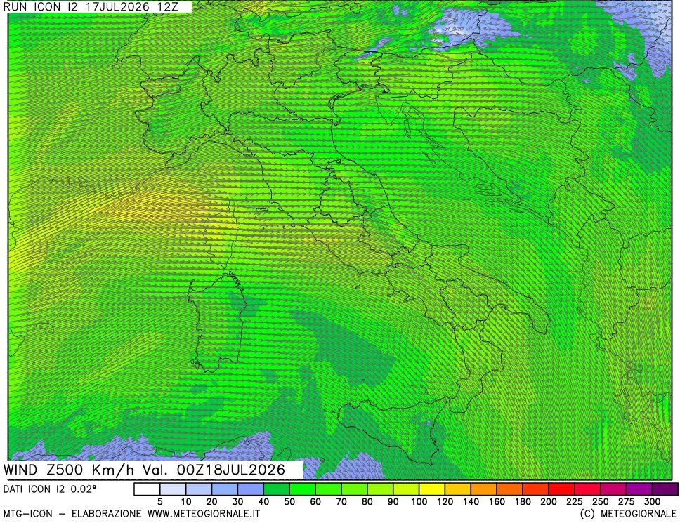 mappa 500 hPa Vento forza e direzione