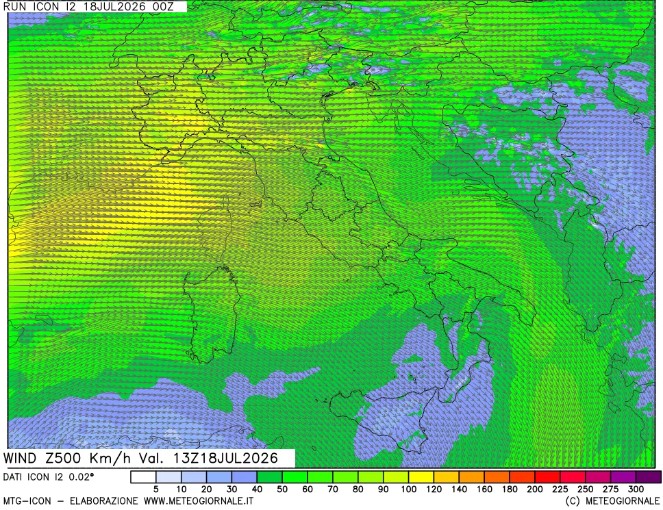 mappa 500 hPa Vento forza e direzione