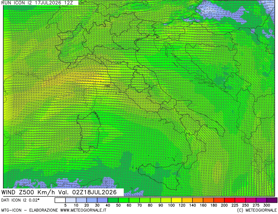 mappa 500 hPa Vento forza e direzione