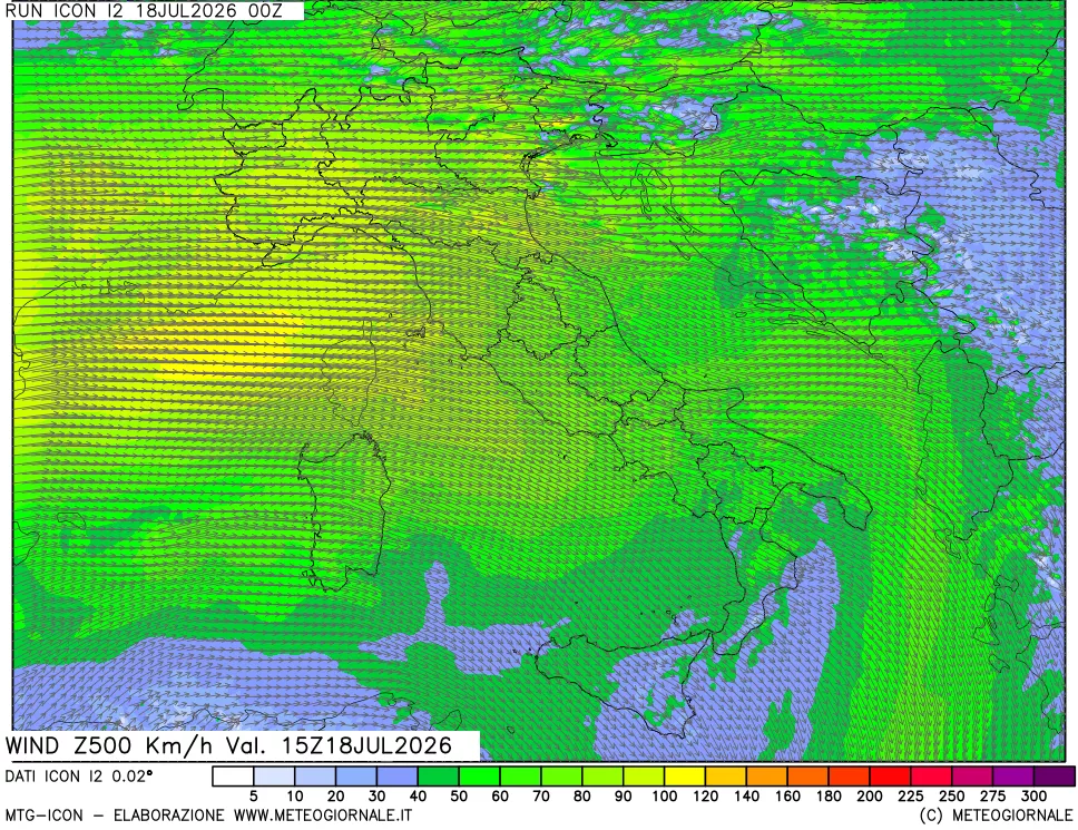 mappa 500 hPa Vento forza e direzione