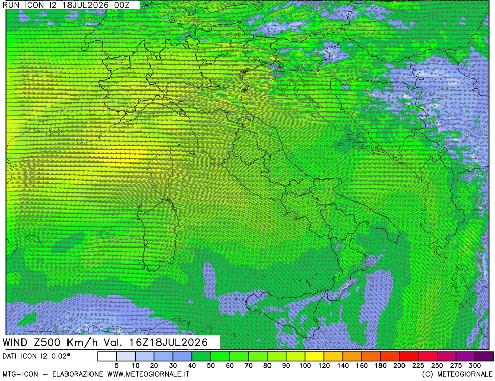 mappa 500 hPa Vento forza e direzione