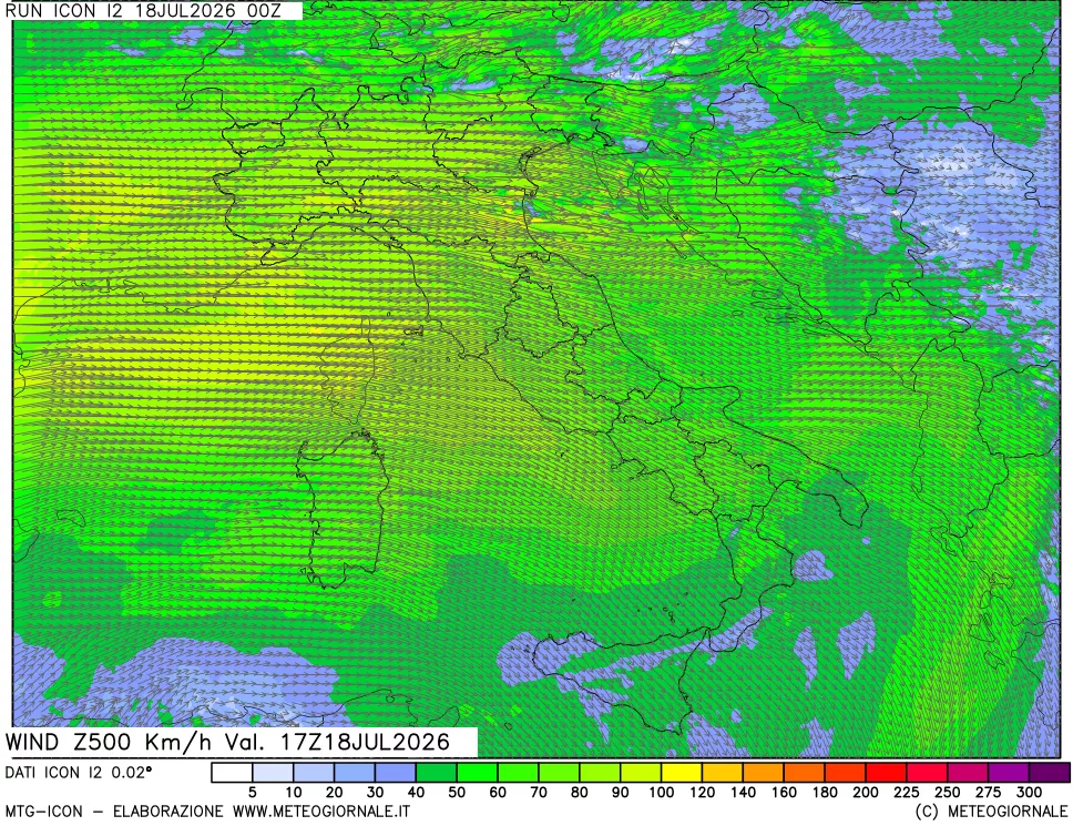 mappa 500 hPa Vento forza e direzione