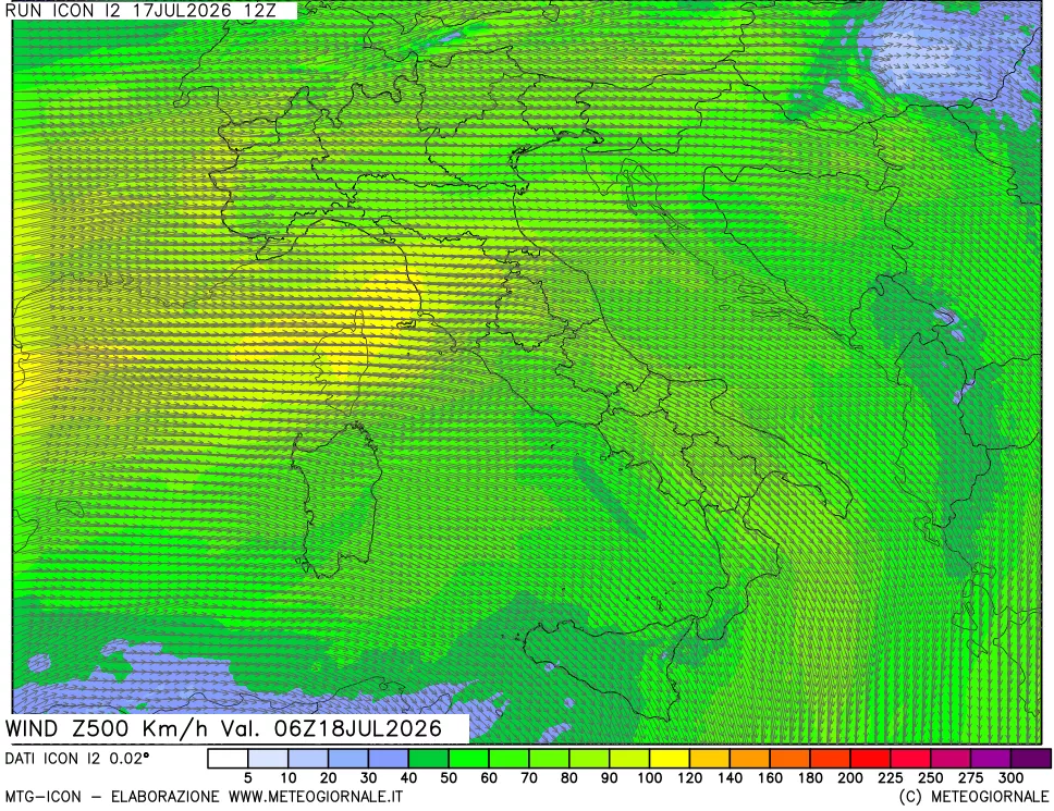 mappa 500 hPa Vento forza e direzione