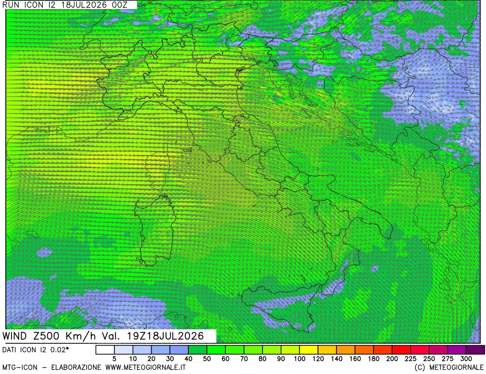 mappa 500 hPa Vento forza e direzione