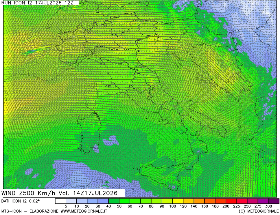 mappa 500 hPa Vento forza e direzione