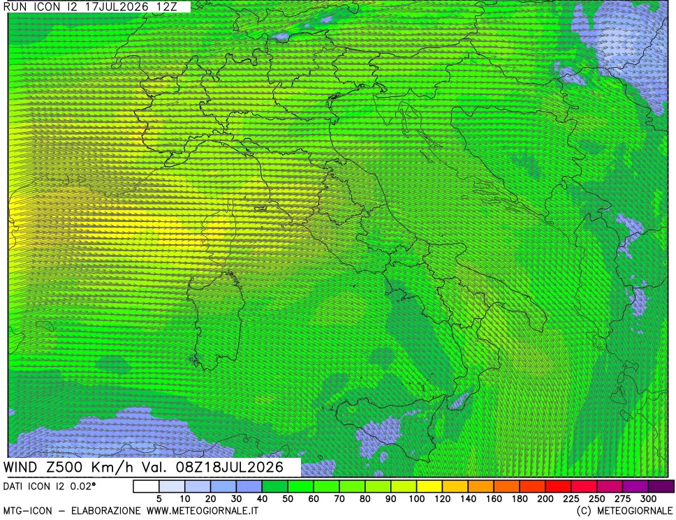mappa 500 hPa Vento forza e direzione