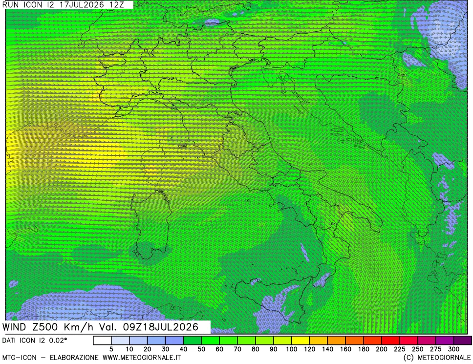 mappa 500 hPa Vento forza e direzione