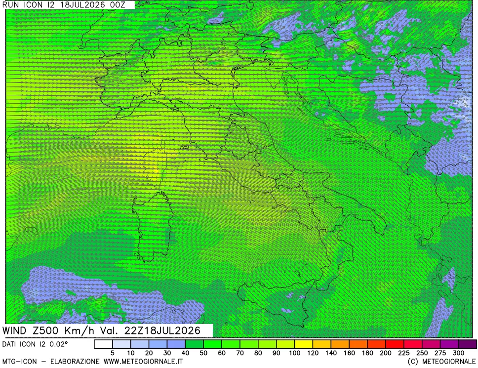 mappa 500 hPa Vento forza e direzione