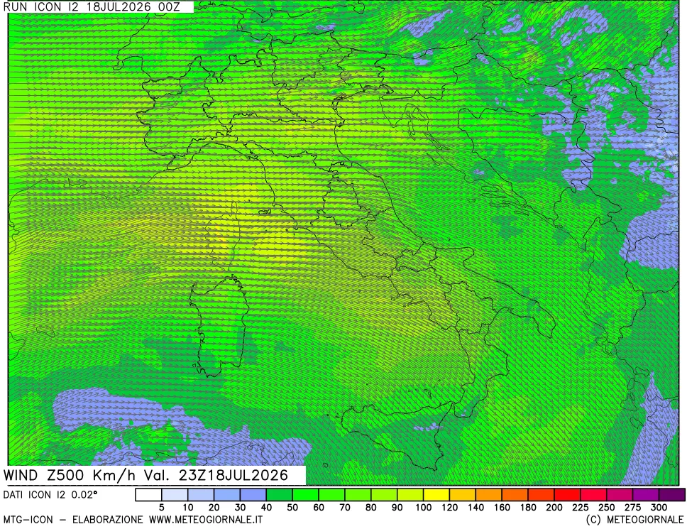 mappa 500 hPa Vento forza e direzione