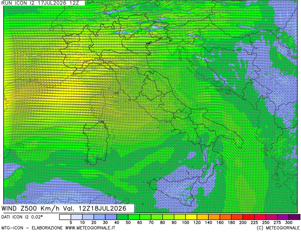 mappa 500 hPa Vento forza e direzione