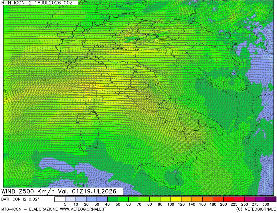 mappa 500 hPa Vento forza e direzione