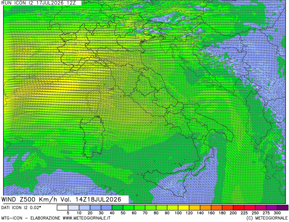 mappa 500 hPa Vento forza e direzione
