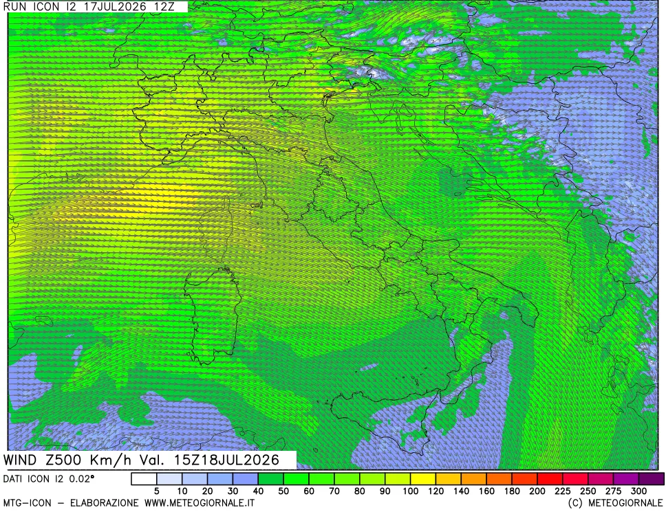 mappa 500 hPa Vento forza e direzione