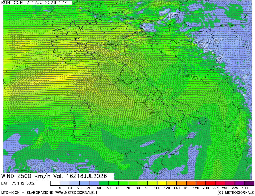 mappa 500 hPa Vento forza e direzione