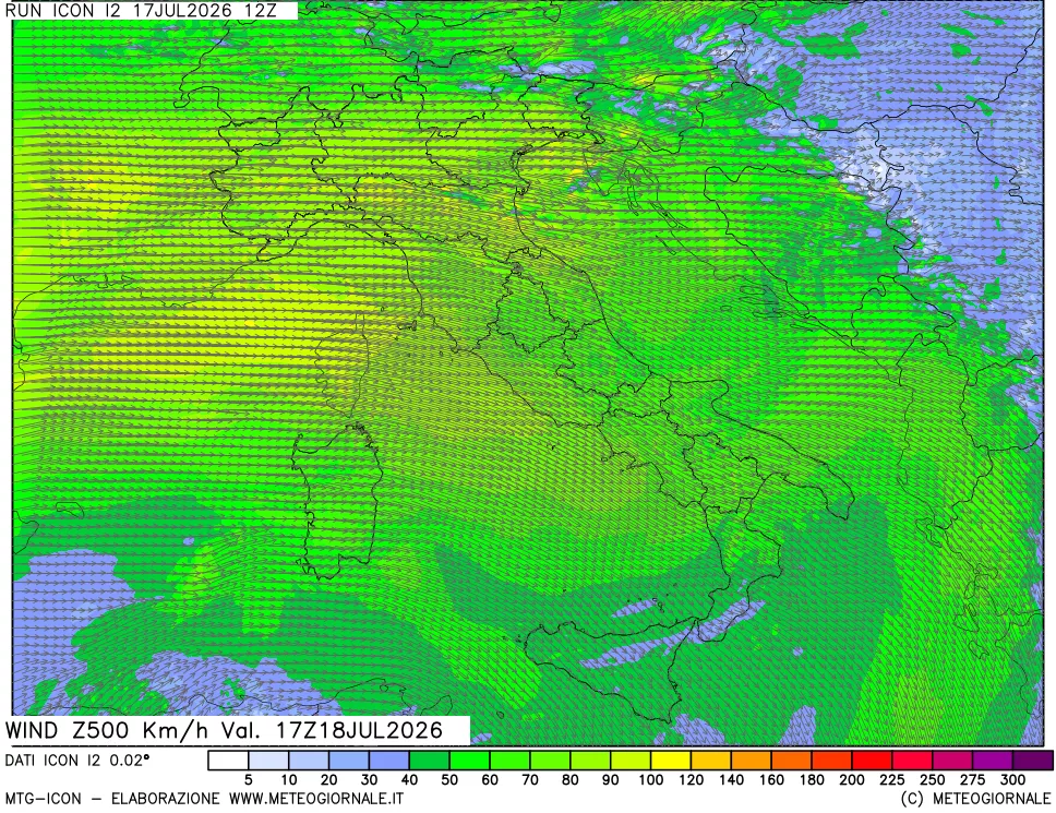 mappa 500 hPa Vento forza e direzione