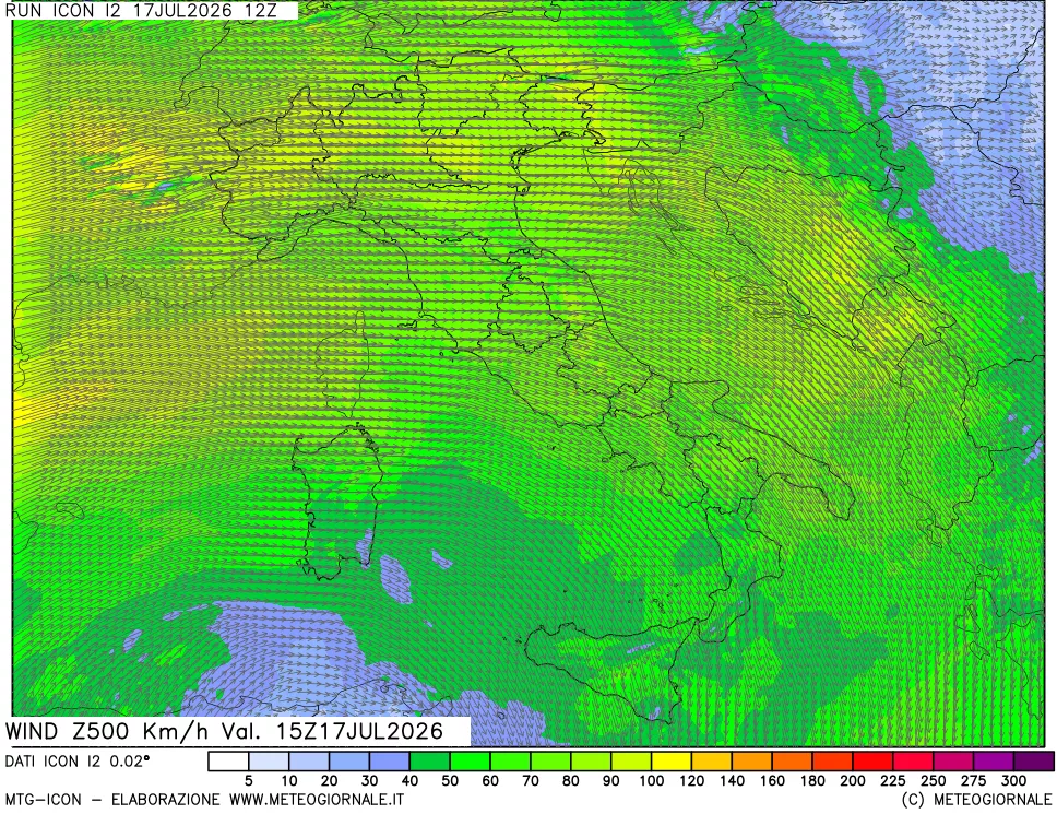mappa 500 hPa Vento forza e direzione
