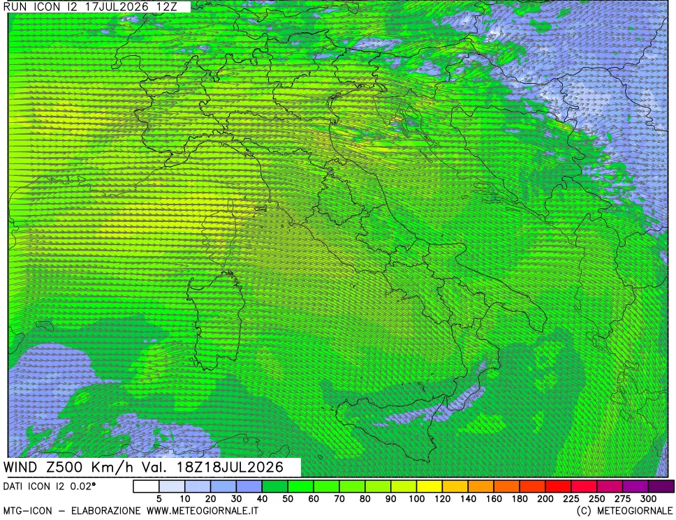 mappa 500 hPa Vento forza e direzione