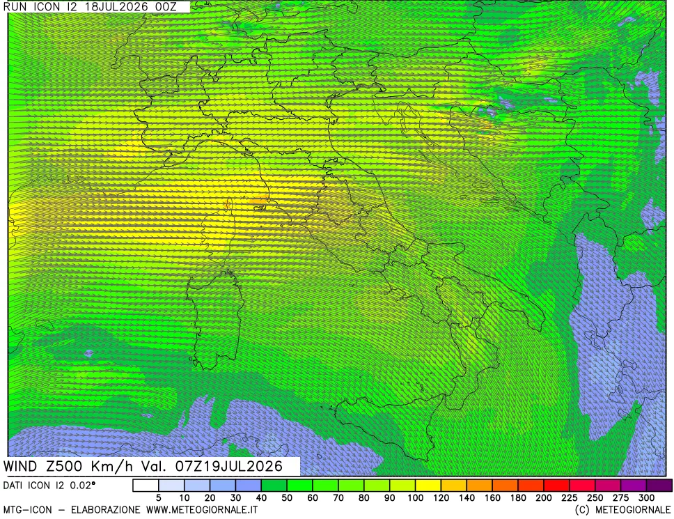 mappa 500 hPa Vento forza e direzione